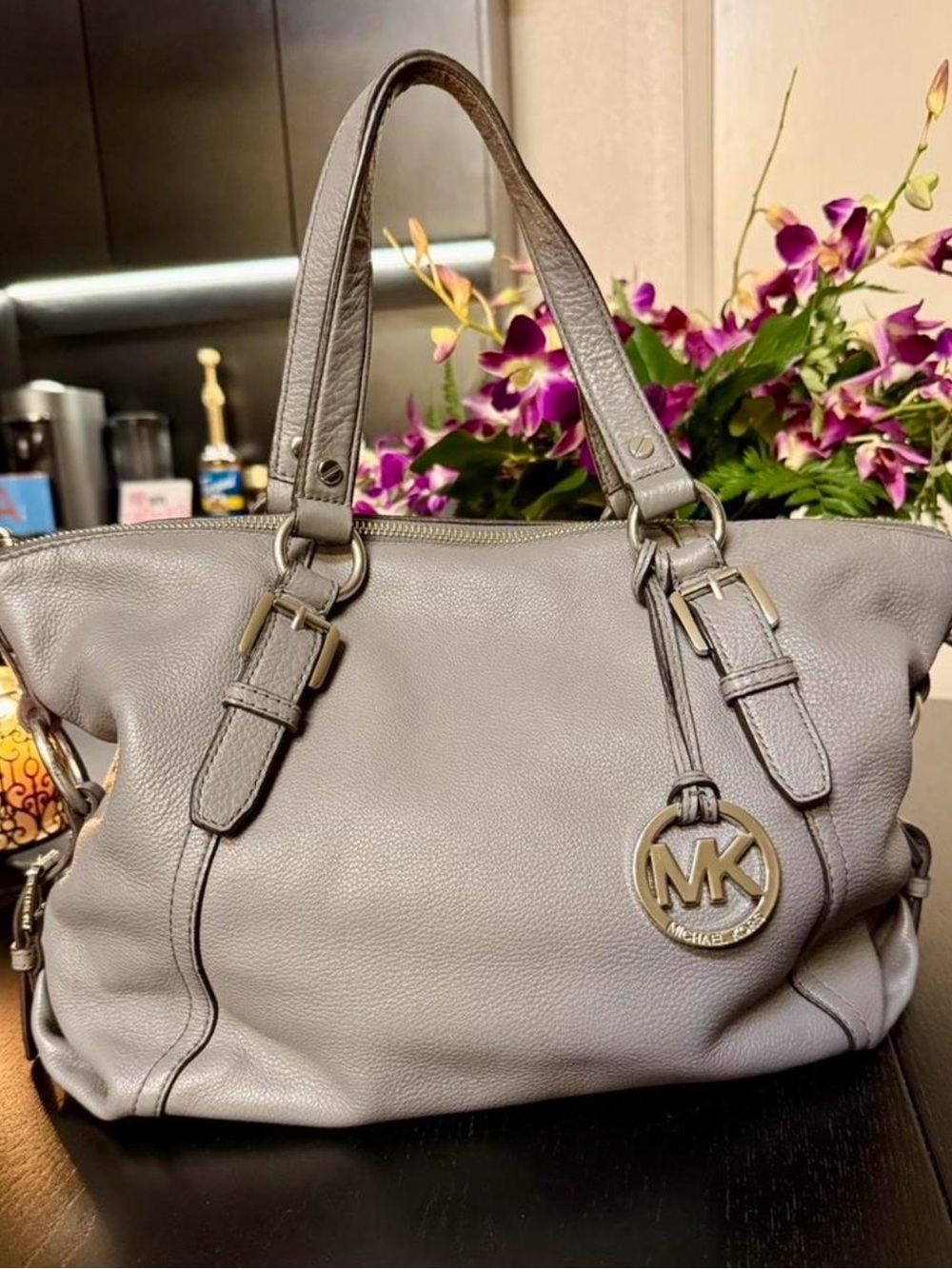 Michael Kors Taupe Leather Shoulder Tote with MK Elegance